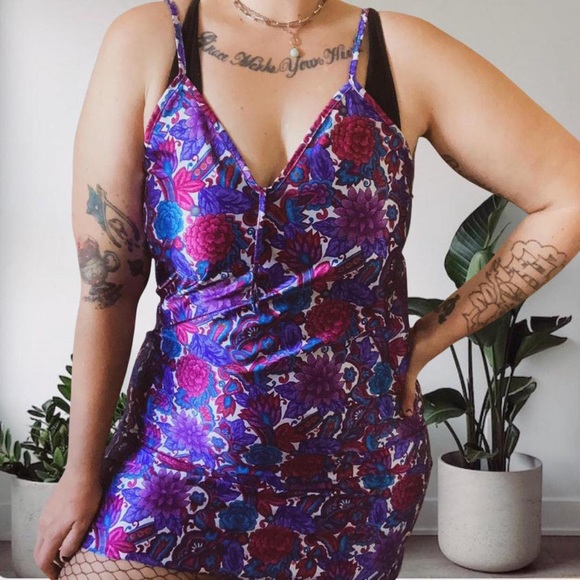 Vintage 90โ๐ Floral Mini Slip Dress Neon Purple Bright Medium - Picture 3 of 10